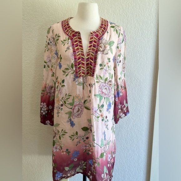 JOHNNY WAS Workshop Ombre Floral Flare Sleeve Embroidered Tunic Dress Medium - Picture 2 of 6